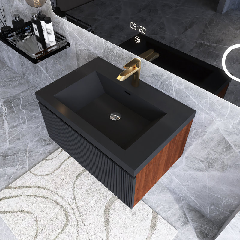 Meuble-lavabo mural moderne à rayures avec lavabo et tiroir à fermeture en douceur, 30"