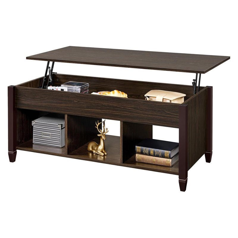 Table basse à plateau relevable avec compartiment de rangement et tablette cachés, table de salle à manger et de travail convertible pour le salon, fabrication en panneau de fibres à densité moyenne durable avec surface résistante à l'eau