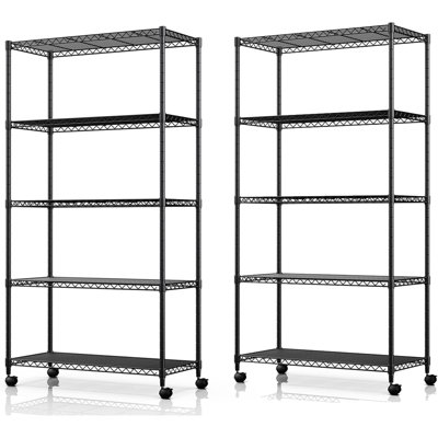 Étagère grillagée noire à 5 niveaux avec roulettes et capacité de 1 250 lb, tablette utilitaire noire