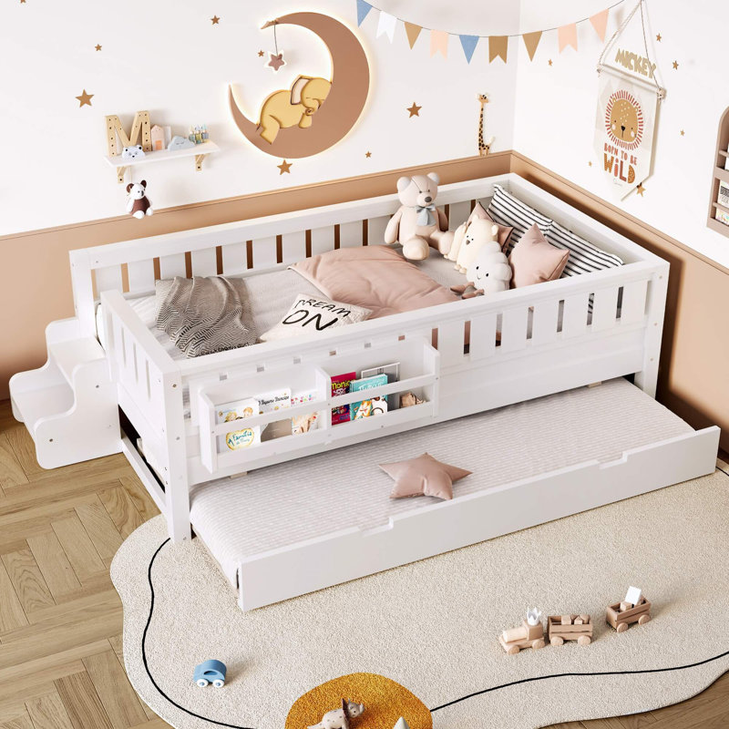 Twin Daybed With Built‑In Bookshelves, Small Staircase, Safety Rails & Trundle, Twin, White
