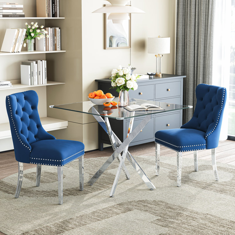 Modern Square Glass Dining Table Set For 2, 36" Tempered Glass Top With Velvet Tufted Nailhead Trim Chairs, Clear/Blue/Silver