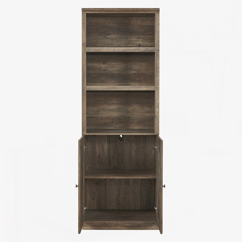 Bibliothèque polyvalente en bois avec port USB et tablettes ouvertes pour le rangement et la présentation organisés, Brun