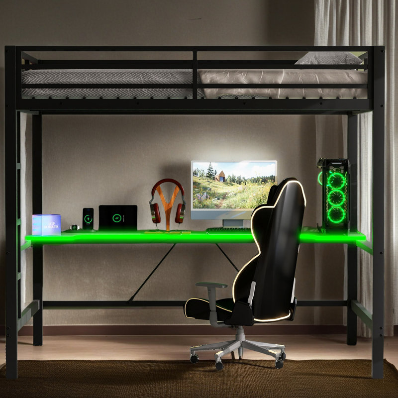 Base de lit simple pour lit mezzanine en métal avec lumière DEL et bureau, Noir, noir, noir, noir, Full