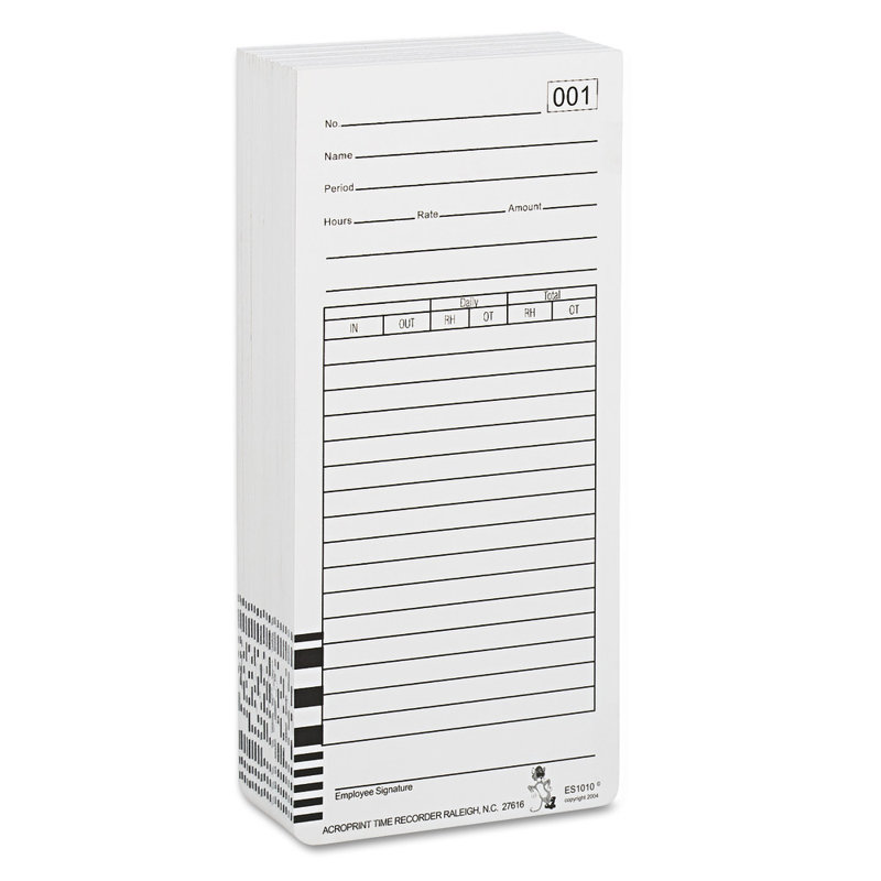 Time Card for Es1000 Electronic Totalizing Payroll Recorder