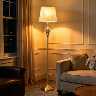 63" Ivory Porcelain Swing Arm Floor Lamp With Brown Floral & Bird Design And Linen Shade， Adjustable Arm, E26 LED Bulb Included