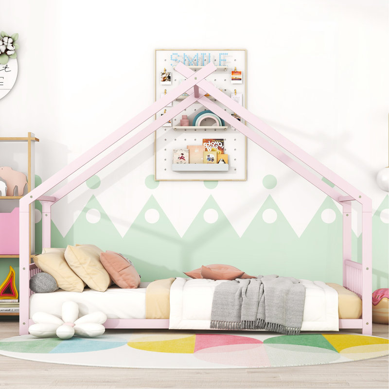 Twin Size Metal House Bed, Pink, Twin, Pink