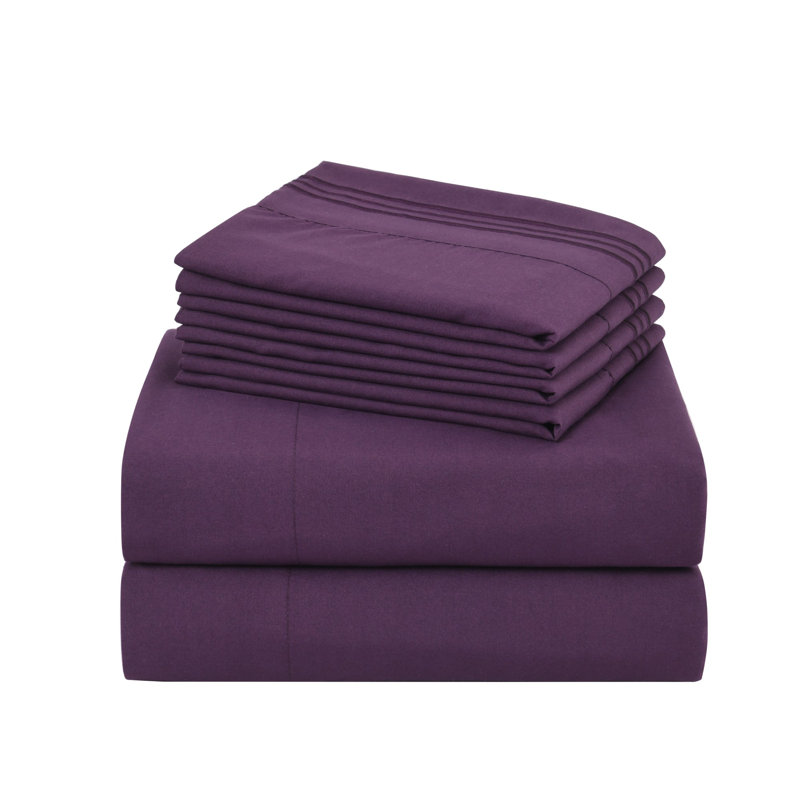 4/6 Pcs Soft Solid & Embroidery Bed Sheets Set, King, Purple
