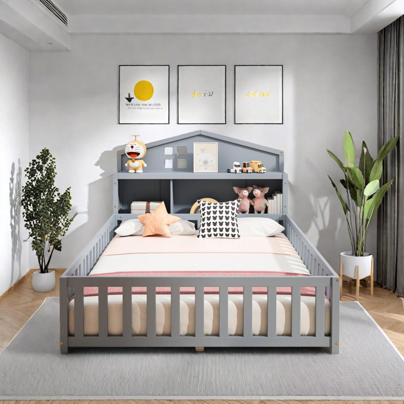 Lit double sur pied Montessori avec bibliothèque et tableau noir, Gris