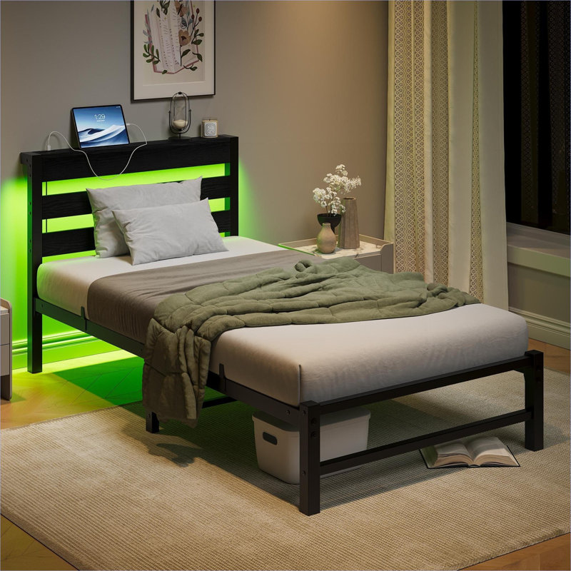 Black-toned Platform Bed for Bedroom, Metal Wood Twin Size Bed Frame with Integrated USB Charging and LED Lighting, Black