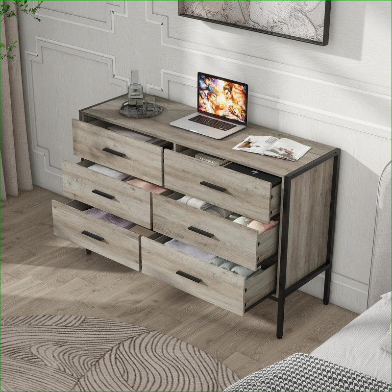 Commodes | Commode de rangement robuste à 6 tiroirs, style rustique, bois d'ingénierie et amp; Structure en acier, 48 pouces, gris ardoise | Panneau de particules | Chambre à coucher
