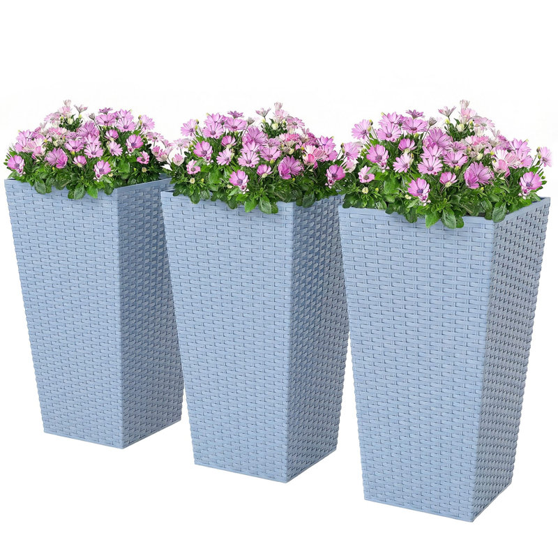 Tall Planters for Outdoor Plants Set of 3, 24 In Taper Planters with Drainage Holes, Rattan Decor Plant Pots for Indoor Outdoor Front Porch Patio Backyard, Light Gray