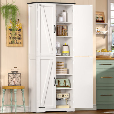 Armoires de cuisine autoportantes 67 po, grandes armoires de rangement avec 2 tablettes réglables, armoire de salle de bain avec 4 portes, pour le salon, la cuisine, la salle de bain, blanc