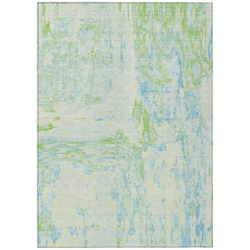 5' X 8' Mint Green And Blue Abstract Washable Indoor Outdoor Area Rug