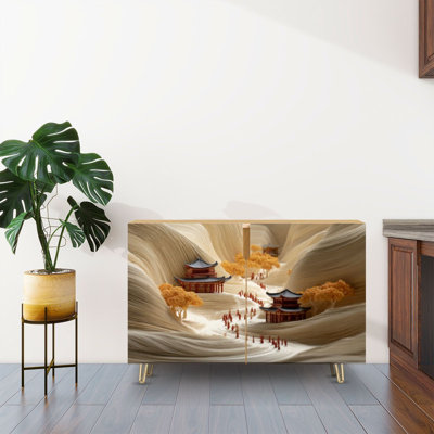 Buffet Buffet avec rangement Pagodes chinoises traditionnelles à volutes avec 2 portes pour le salon et la cuisine