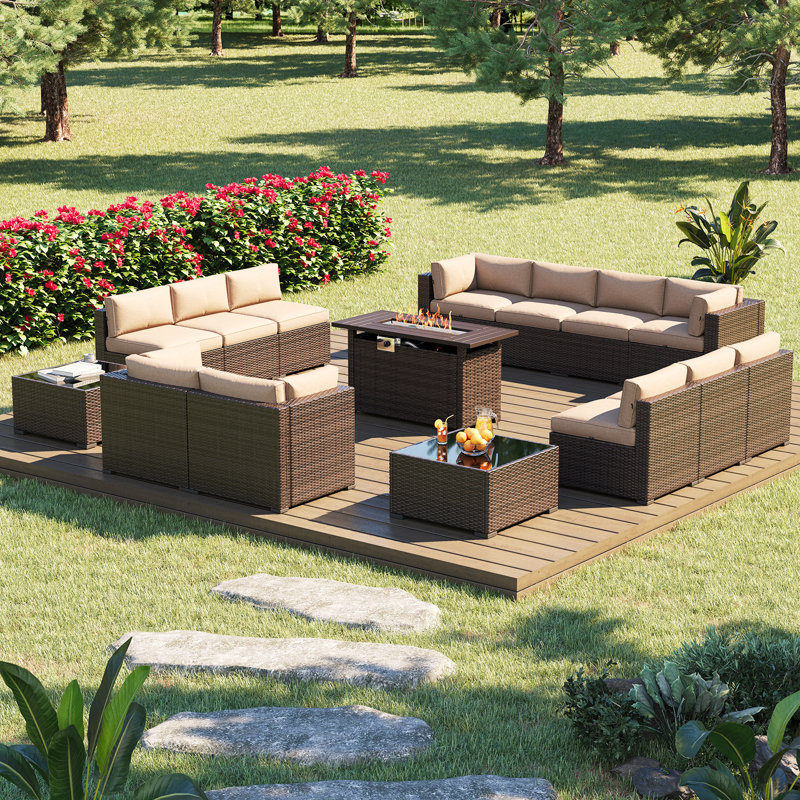 Melisandra Polyethylene (PE) Wicker 12 - Person Seating Group with Cushions and Fire Pit, Brown, Beige