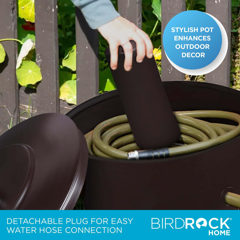 Pot de support pour boyau d'arrosage sur pied avec couvercle - tuyau de rangement en acier de 100 pieds, garde-boyau d'arrosage caché avec trous de drainage, cache-boyau pour cour intérieure / extérieure en bronze huilé BIRDROCK