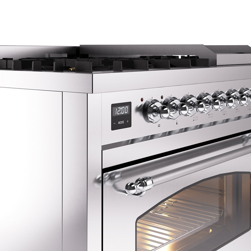 ILVE Nostalgie II Series 48 inch Dual Fuel Range with 8 Sealed Burners, Griddle (Glass Door), Stainless Steel/Chrome