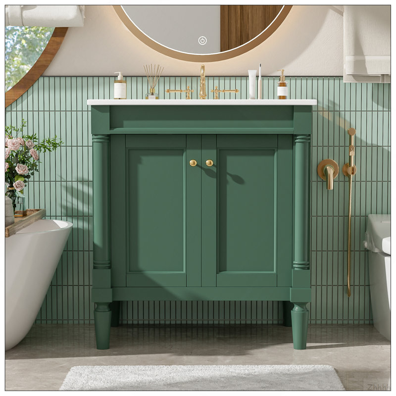 Armoire de meuble-lavabo 30 po avec lavabo en céramique 30 po, armoire de rangement avec portes à fermeture douce et pieds en bois massif