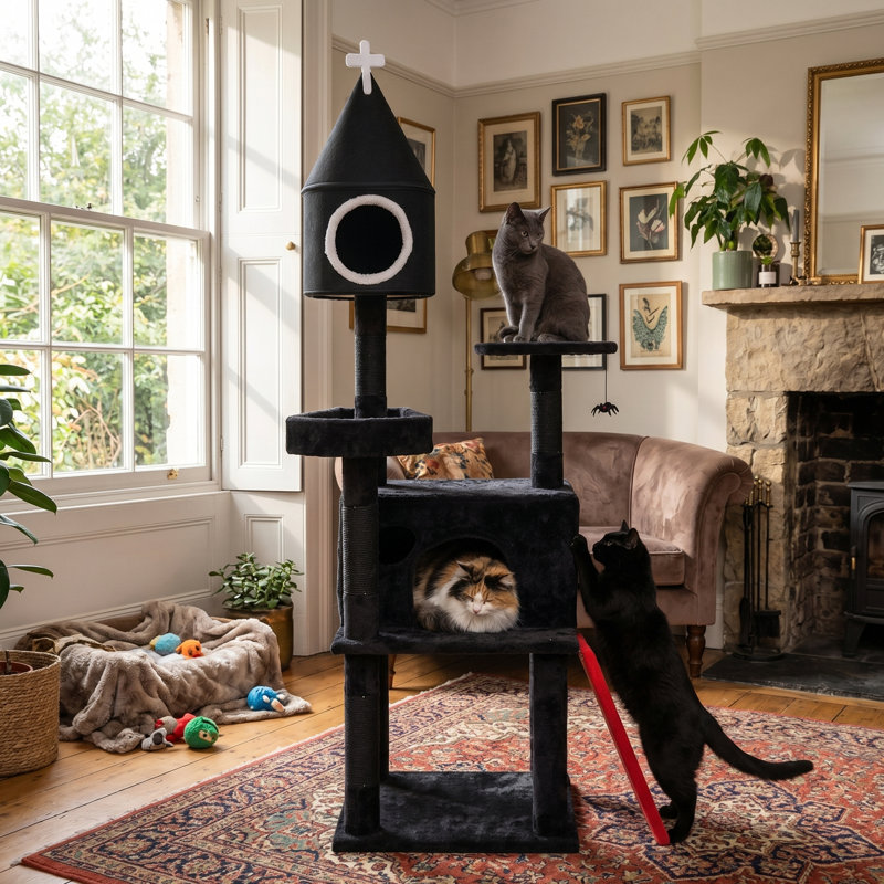 Arbre à chat multifonctionnel pour chats, tour de chat noire 64 po avec condo, plateforme, poteaux à griffer en sisal
