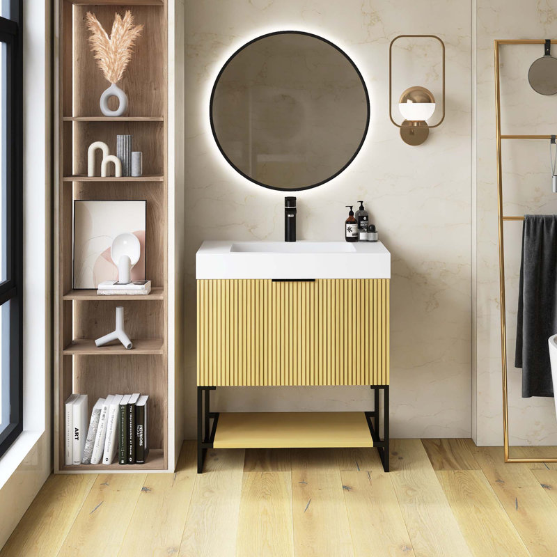Meuble-lavabo autoportant en contreplaqué rayé pré-assemblé avec lavabo, tiroir et tablette ouverte, Doré, 30"