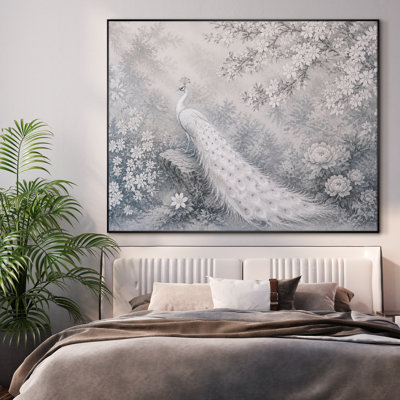 Impression sur tissu grand format - Paon élégant avec jardin fleuri et fond botanique gris pâle pour salon ou chambre à coucher "Assemblage du cadre requis (cadre non fini)"
