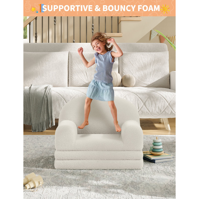 2-in-1 Convertible Kids Sofa Chair – Soft Sherpa, High-Density Foam, Fold Out Lounger for Playroom, Nursery – Comfortable Children's Couch, Ideal Birthday Gift – White
