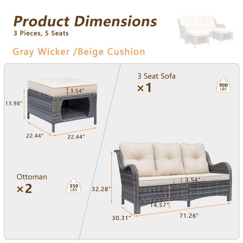 Seob 71.26'' Wide Patio Sofa with Cushions, Beige