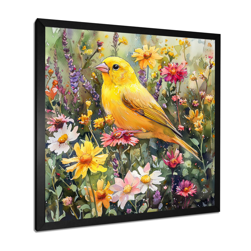 Oiseau pinson dans les fleurs sauvages II - Art mural oiseau, Reproduction encadrée d'une seule photo, Noir, noir, noir, noir