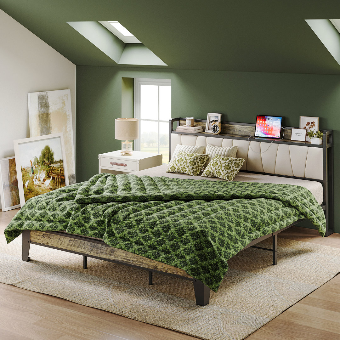 Upholstered Platform Bed with Bookcase Storage Headboard and Charging Station  Latitude Run® 