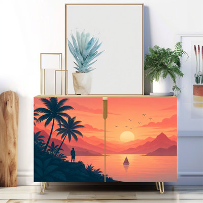 Buffet étroit de 35,4 po de largeur - armoire de rangement décorative à 2 portes avec paysage de coucher de soleil tropical, impression de voiliers et pieds en métal