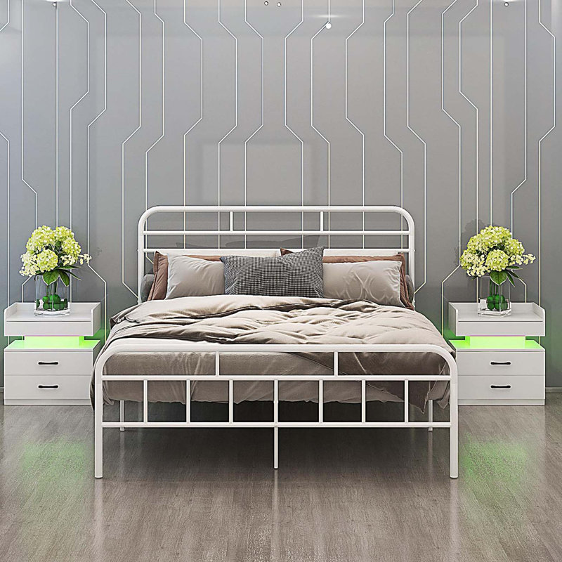Table de chevet polyvalente avec bande de lumière DEL réglable et beaucoup de rangement, idéale pour la chambre à coucher, le salon et le bureau.