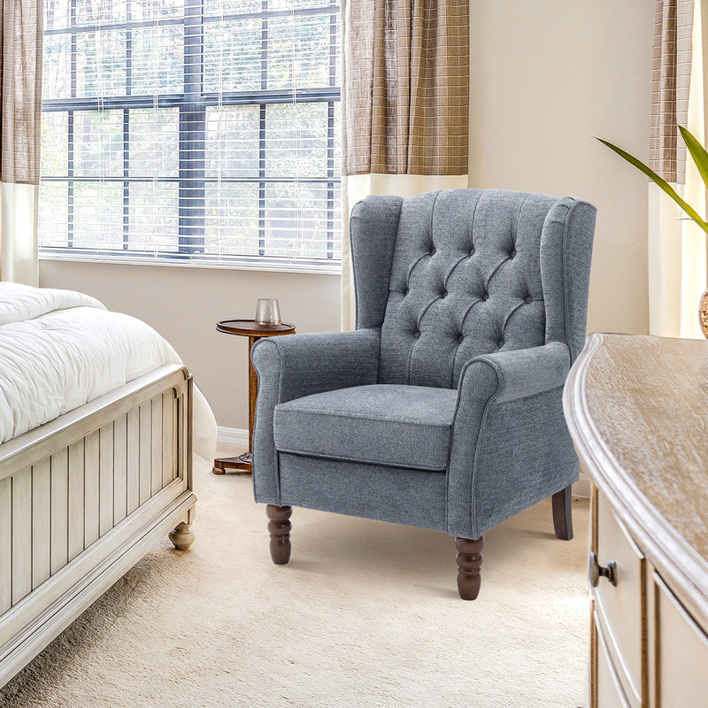 Button-Tufted Wingback Accent Chair - Solid Wood Legs with Rolled Arm &Thick Padded Cushion, Dark Blue Polyester, Brown