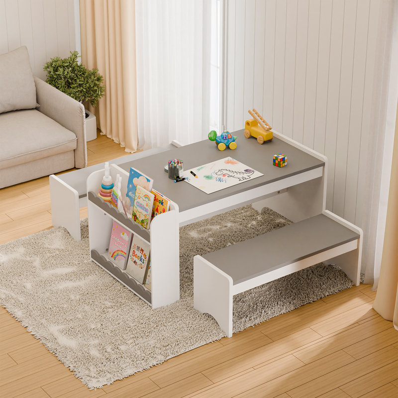Kids Table And Chairs Set, Montessori Kids Table And Bench Set, Wooden Activity Table, Indoor Kid Craft Tables With Storage, Toddler Desk For Home, Classroom