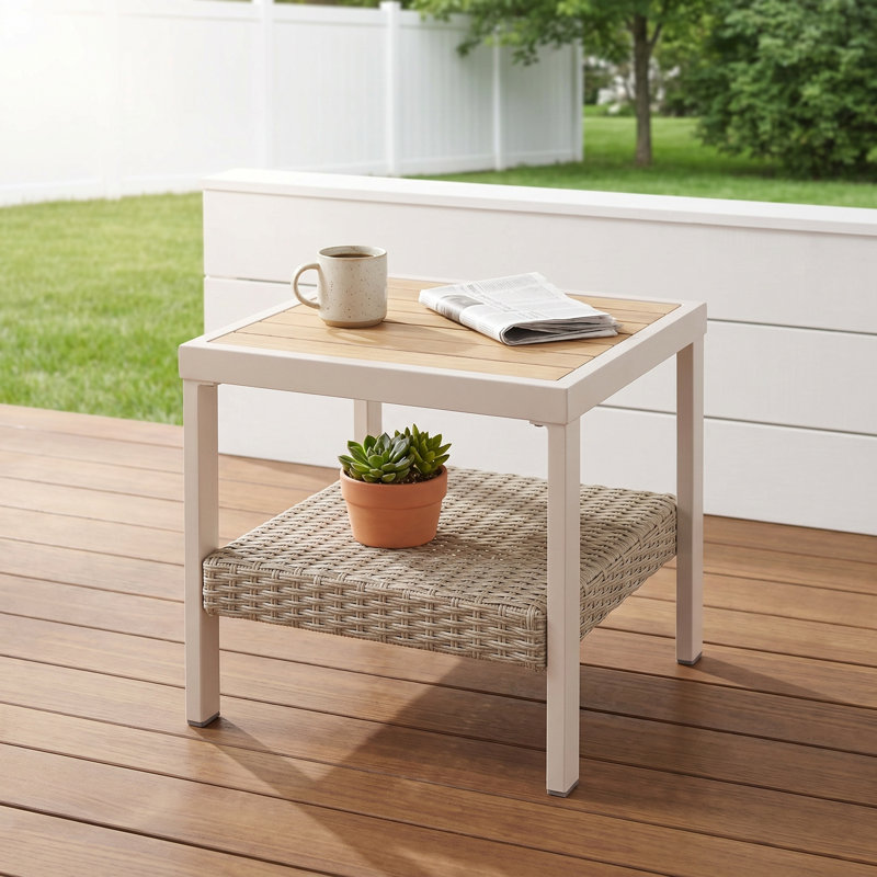 Small Coffee Table - Outdoor Side Table With Steel Frame, Compact Patio Accent Table, Boho Modern Design For Garden, Balcony, Porch, Bone Color