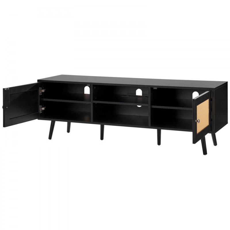 Rattan TV Stand for 65 inch TV, Boho TV Stand with Rattan Door, Entertainment Center with Build-in Socket and USB Ports, Modern TV Console for Living Room, Media Room