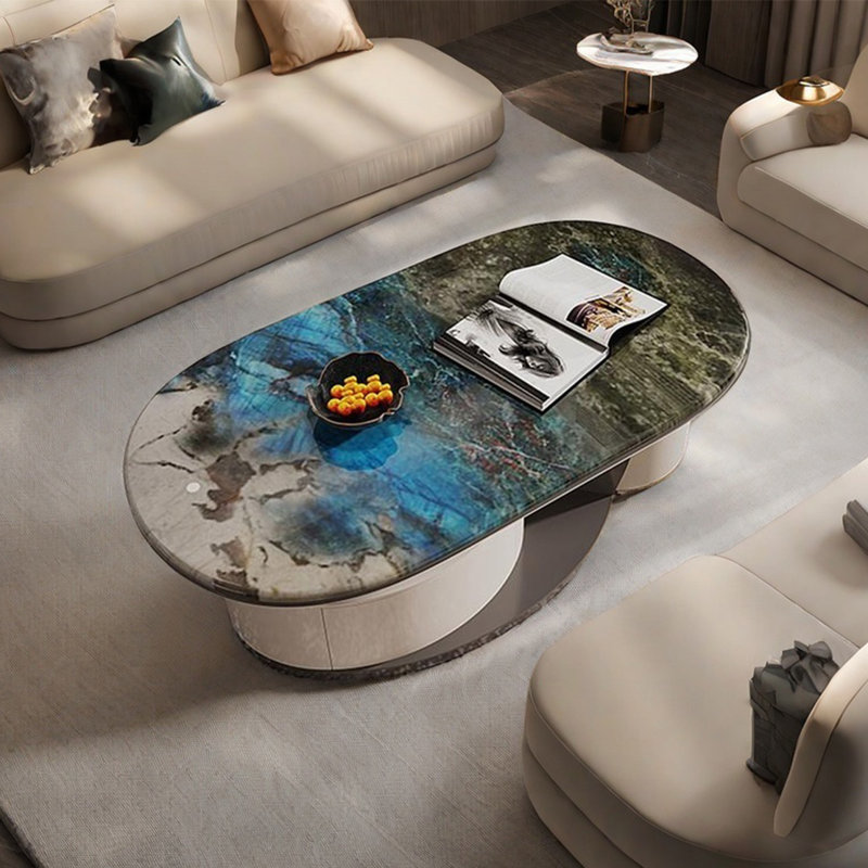 Table basse simple ovale en pierre supercristalline, H 16,5 po x L 51,2 po x l 27,6 po, Gris