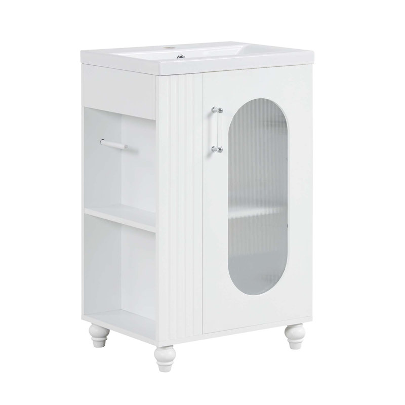 Meuble-lavabo de 20 po avec lavabo, meuble-lavabo avec tablette à deux niveaux, tablette réglable, bois massif et panneau de fibres à densité moyenne