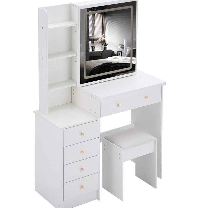 37" Bedside Vanity Table And Cushioned Stool Featuring 2 Ac+2 Socket, Hair Dryer Stand, Large 24"X22" Touch Control Led Sliding Mirror With 3 - Color Switch, Ul Certificate, American Style Material