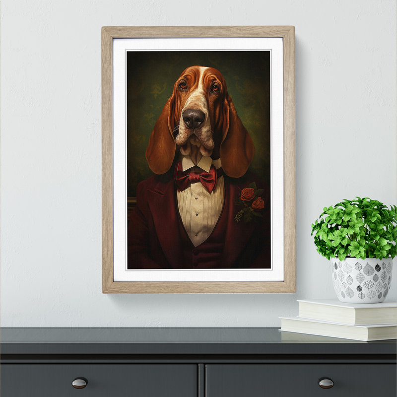 Basset Hound Dadaism Art - Framed Print, 34cm H x 25cm W x 2cm D, Oak Framed