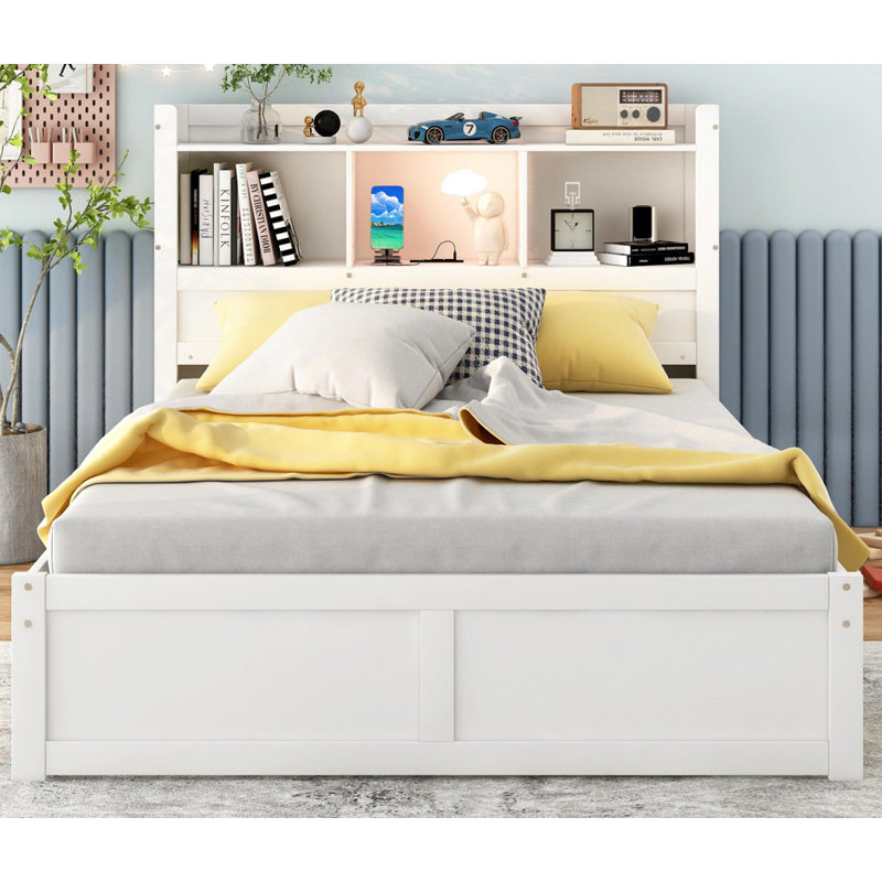 Lit plateforme double avec rangement escamotable, Blanc