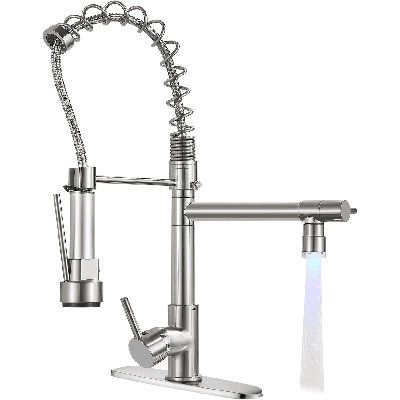 Robinets de robinet de cuisine en nickel brossé avec douchette à une poignée DEL et évier de cuisine en acier inoxydable