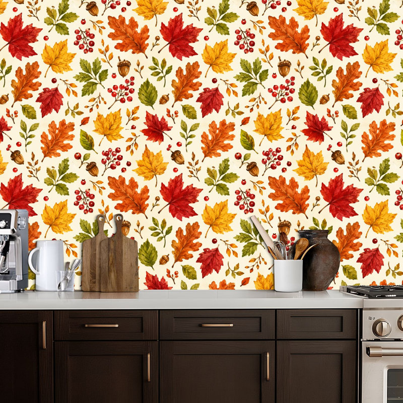 Papier peint auto-adhésif à peler et coller feuilles d'automne saison d'automne feuilles de chêne glands de baies rouges papier contact mural amovible auto-adhésif pour armoires de cuisine de chambre à coucher 24 po x 118 po