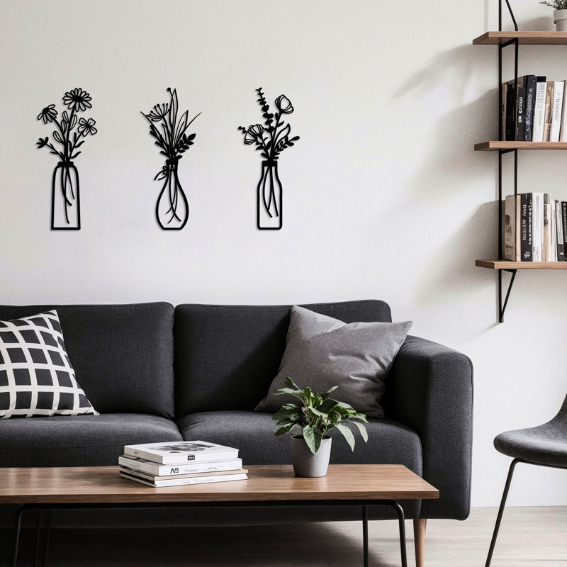De 3 décorations murales florales en métal noir, style intemporel pour toute maison, et art léger à installation rapide, espace à motif unique, installation