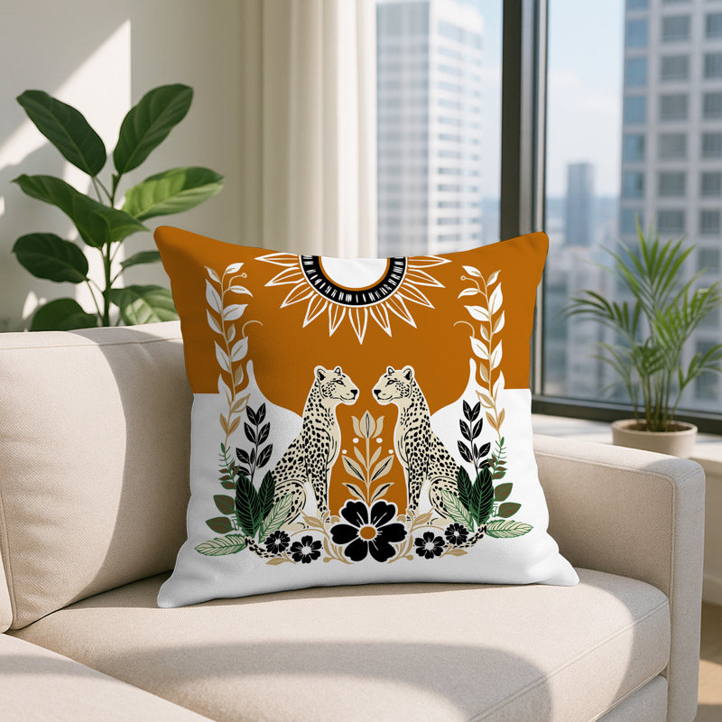 Oreiller carré réversible intérieur / extérieur Spoke Leopard, Orange, Carré 20 po