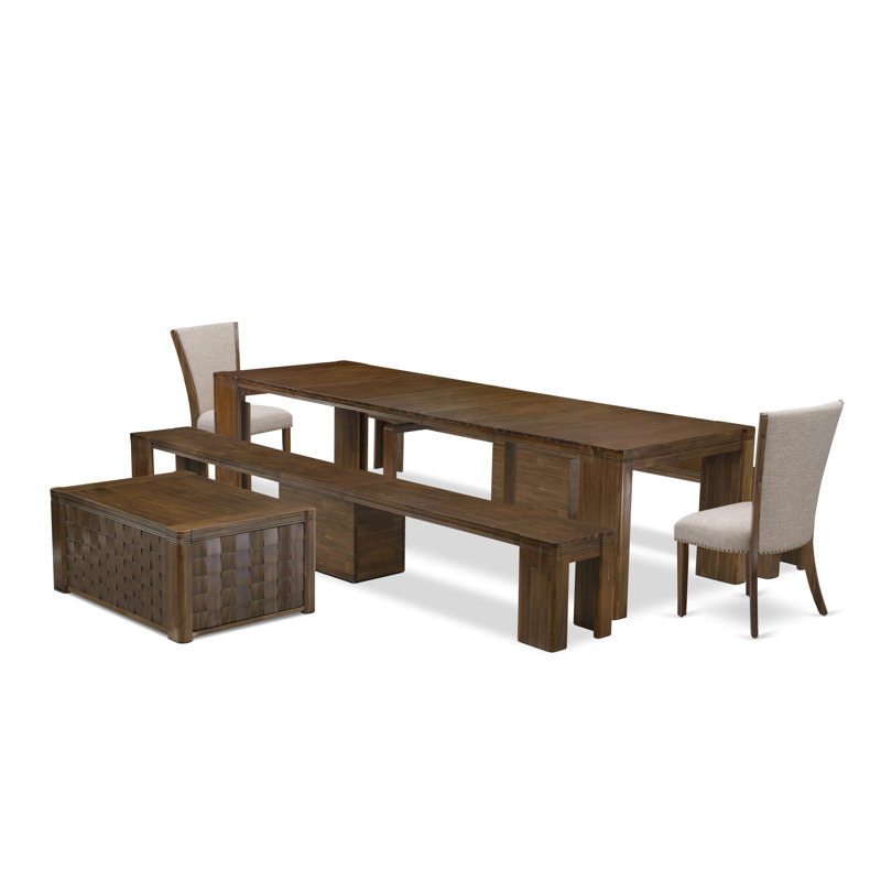 L'ensemble de 6 tables de salle à manger modernes comprend une table de cuisine rectangulaire extensible, 1 table basse, 2 chaises de salle à manger et 2 bancs, noyer antique