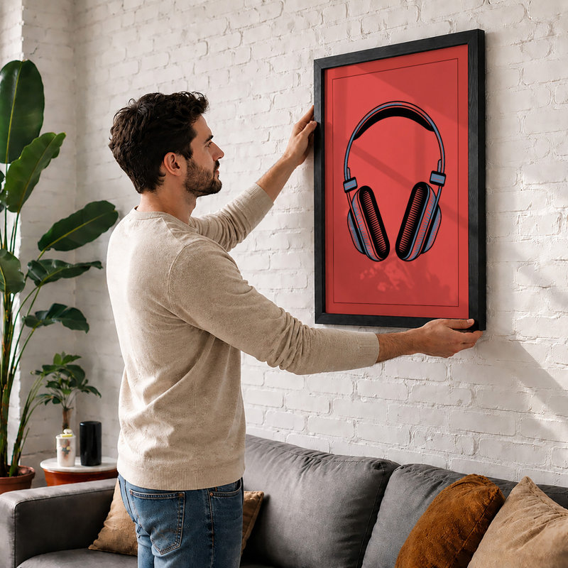Headphones Modern - Framed Print, Oak, A4 - 29.7 x 21.0 cm