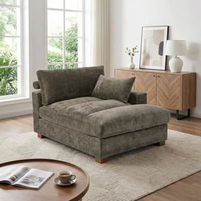 Oversized Upholstered Camel Chenille Chaise Lounge with Armrests & Throw Pillows