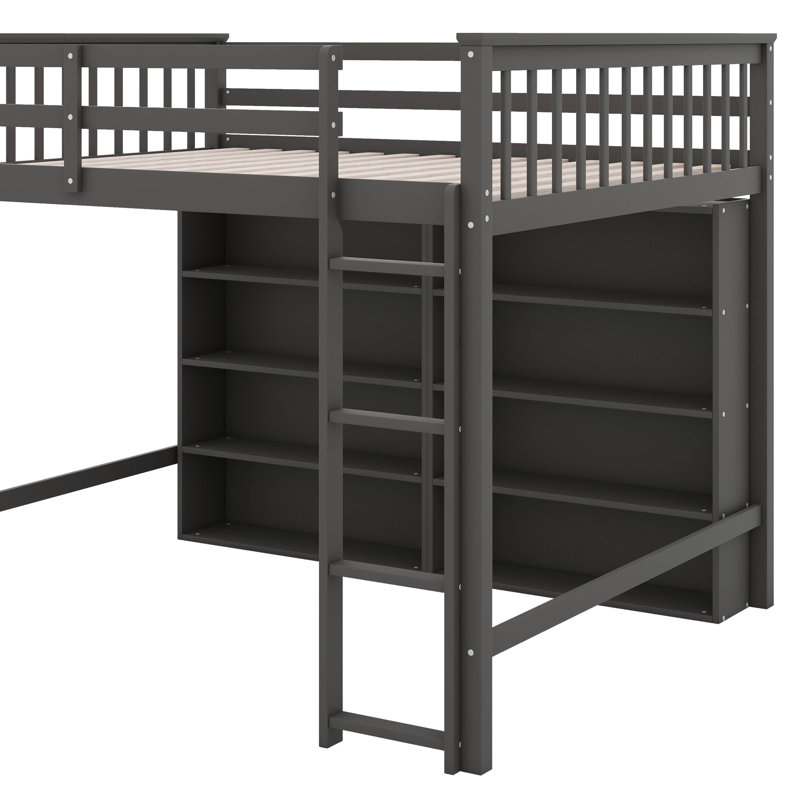 Lit mezzanine double avec tablettes, Gris antique