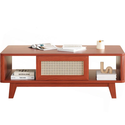Table basse avec rangement et tiroir en rotin, pieds en bois massif