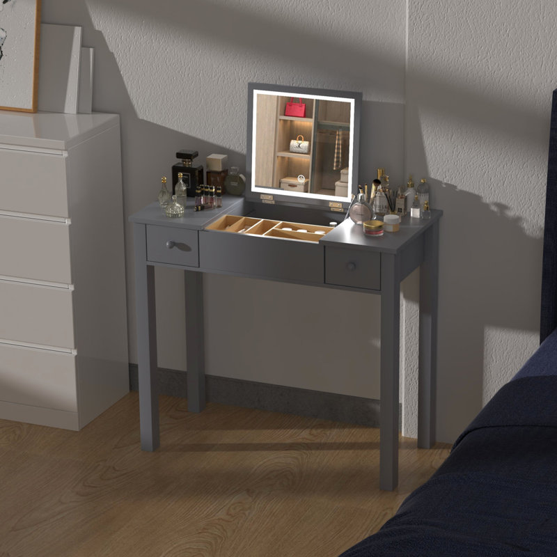 Coiffeuse grise avec lumières à DEL et 2 tiroirs - miroir rabattable de 3 mm, beaucoup d'espace pour les cosmétiques et les lunettes pour femmes